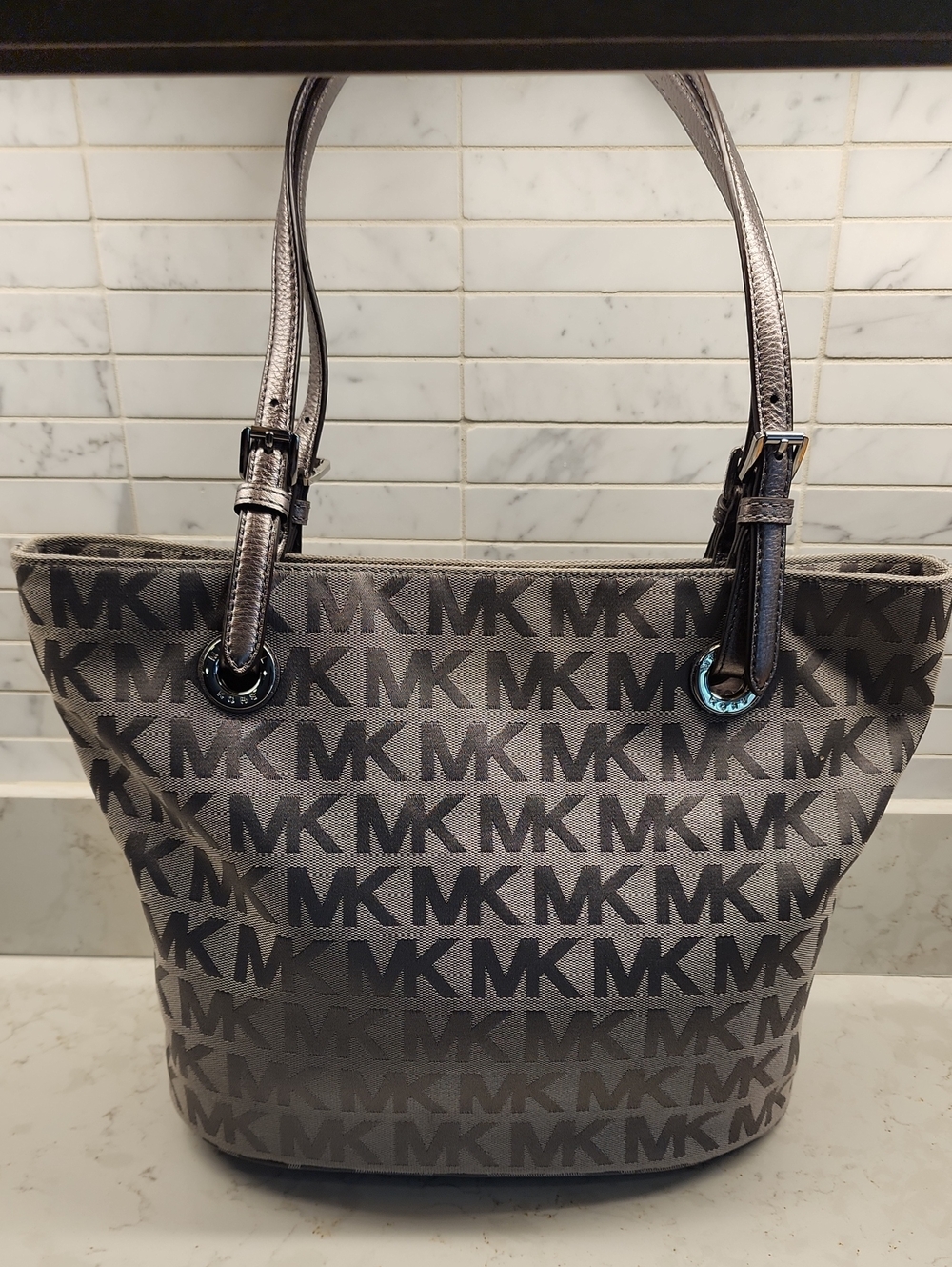 Michael Kors Metallic Gray MK Logo Tote